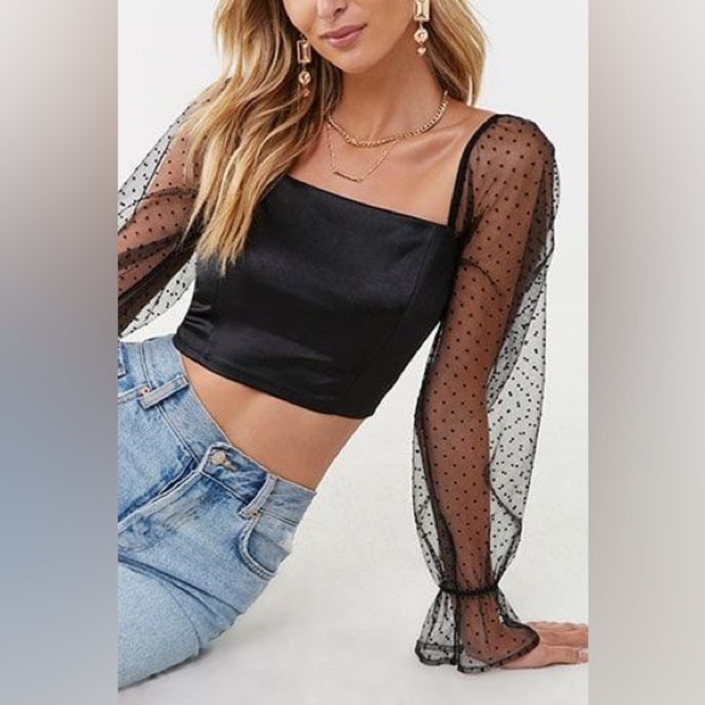 Forever21 Black Clip Dot Mesh-Sleeve Crop Top